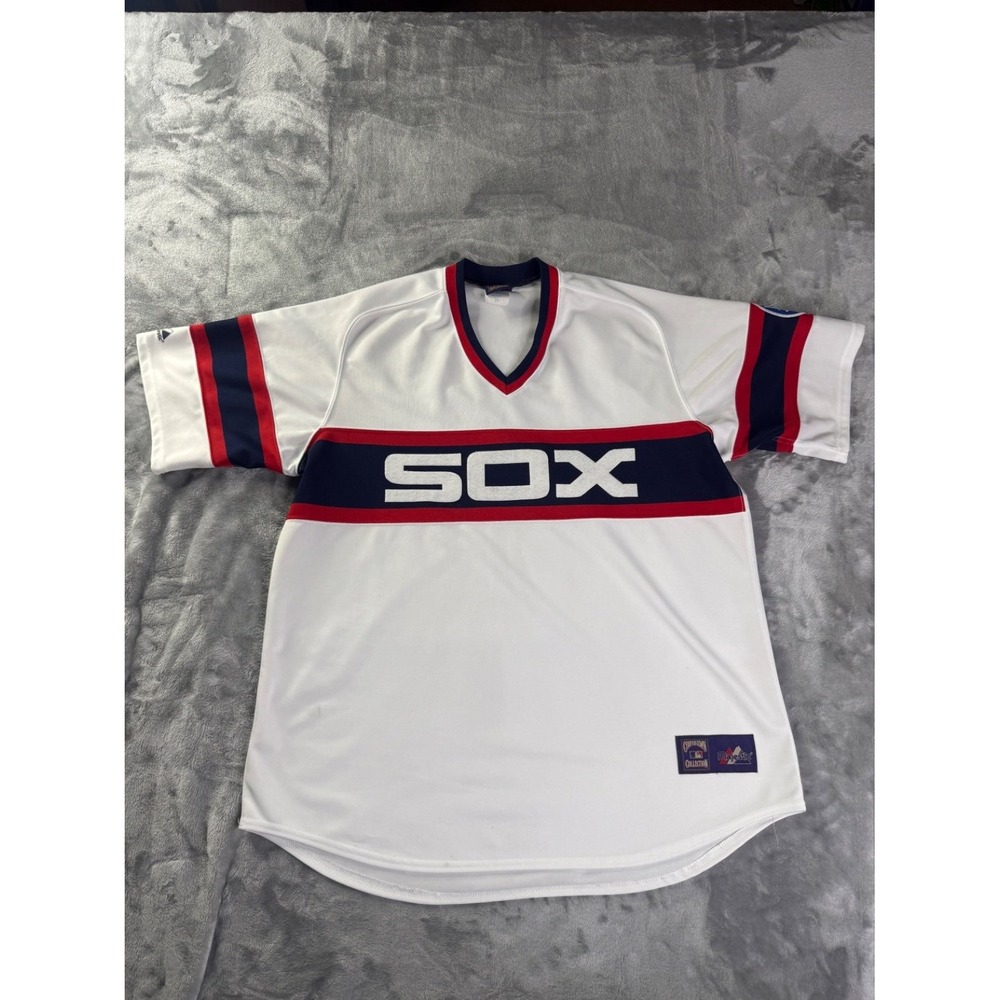 Majestic Sox Baseball Jersey 1980s Throwback Mens 2X White Striped V-Neck
